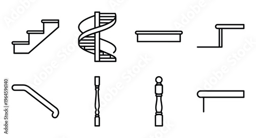 Set line staircase, spiral, baluster, handrail, wooden, stair, isolated, modern, interior, building, design