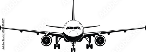 Airplane silhouette front view isolated on white background, commercial aircraft aviation flight travel transport vector illustration, jet plane landing gear, nose.