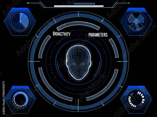 Futuristic interface displaying a human brain scan with bioactivity parameters