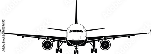 Airplane front view silhouette isolated on white background, commercial aircraft aviation flight travel transport vector illustration, jet plane landing, nose.