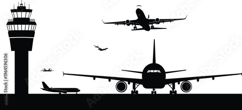 Airport silhouette with control tower and multiple airplanes taking off and landing, aviation transport travel flight terminal vector illustration, jet.