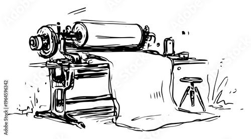 Industrial textile rolling machine with fabric in workshop sketch