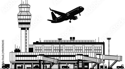 Detailed airport terminal silhouette with control tower, passenger jet taking off, jet bridges, and ground service vehicles, aviation transport vector illustration.