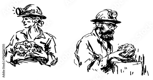 Miners wearing hard hats and headlamps holding mineral ore rocks in a hand drawn sketch style