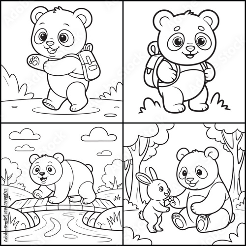 Cute Panda Adventure Coloring Page for Kids Bold Outline Black and White Line Art