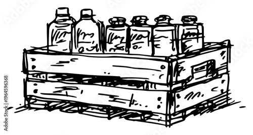 Wooden crate filled with glass bottles and jars in a hand drawn sketch style