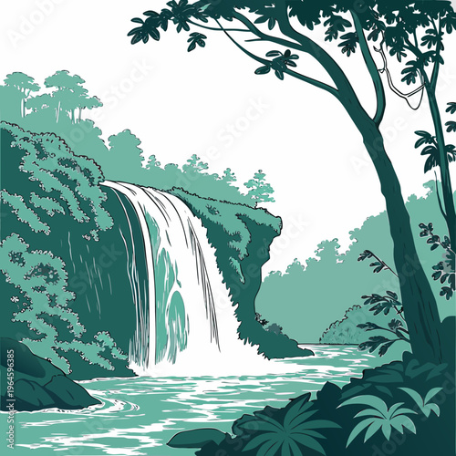A serene waterfall cascades into a tranquil pool surrounded by lush greenery and trees in a natural landscape setting