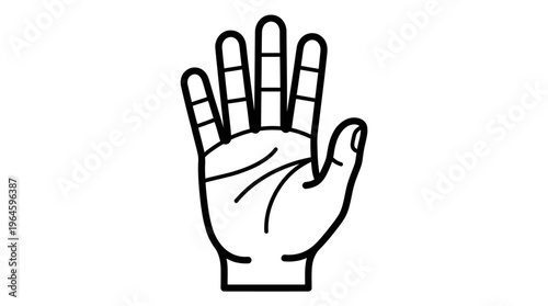 Detailed outline of human hand with palm open and visible lines, isolated white background.