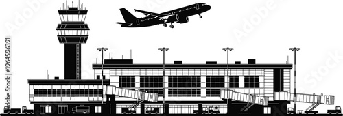 Detailed airport terminal silhouette with control tower, passenger jet taking off, jet bridges, and ground service vehicles, aviation transport vector illustration.