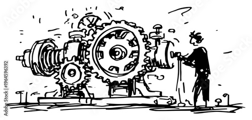 Industrial worker inspecting large mechanical gears and machinery in a hand drawn sketch style