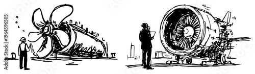 Specialists inspecting marine propeller and jet engine components in hand drawn sketch style