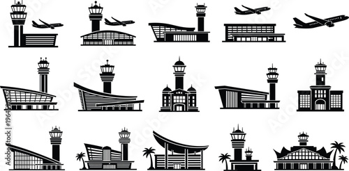 Set of airport terminal building icons with control towers and airplanes isolated on white background, aviation travel transport vector illustration, set.