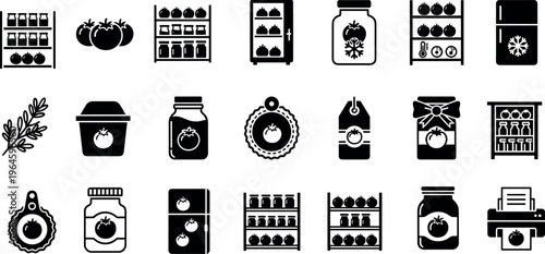 Black vector icons set of tomato preservation including glass jars, pantry shelves, refrigerator storage, labels, and home canning equipment symbols
