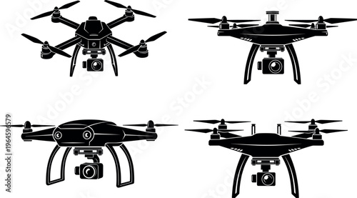 Collection of black quadcopter drone silhouettes with cameras at various angles for aerial photography and modern remote control surveillance concepts
