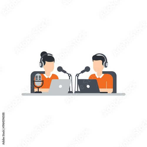 Man and woman podcasting with microphones and laptops side by side.