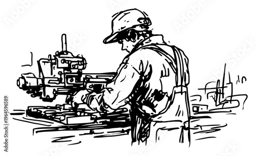 Machinist operating industrial machinery in workshop in hand drawn sketch style