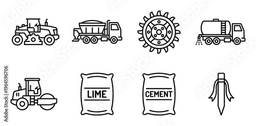 Set of construction vehicle and materials icons asphalt paver roller lime cement bags