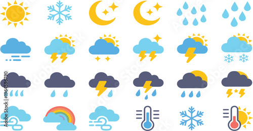 Paper cut weather icons vector set featuring rain, rainbow, sun, temperature, snow, clouds and meteorology forecast symbols illustration