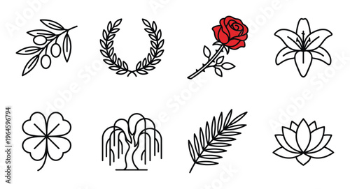 Set of eight isolated black line floral and plant icons with red accent on transparent background