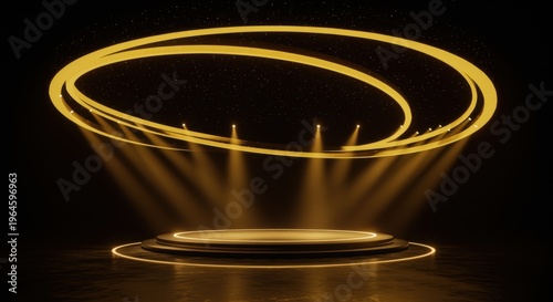 Luxurious dark stage illuminated by golden spotlights and starry canopy
