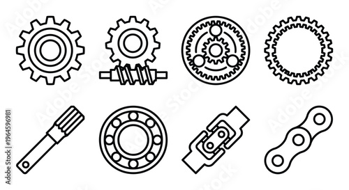 Set of engineering gear wheels and mechanical components isolated on transparent background