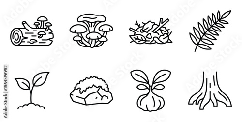 Set of eight isolated black line nature icons with forest elements on transparent background