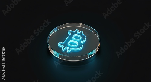 Close-up a single transparent glass token glowing neon blue cryptocurrency symbol
