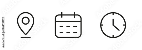 Address, date and time icon set, web icons reminder calendar, clock, stopwatch timer, location pin signs, business schedule signs, event planning details