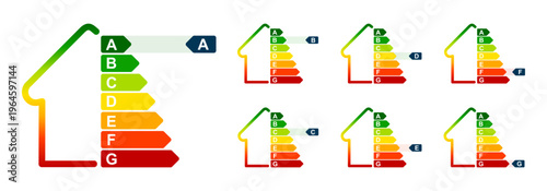 Energy efficient house concept with multicolor classification graph sign, home energy consumption efficiency rating, smart eco friendly house certification system, ecological and energetic rating