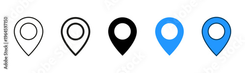Location pin marker icon. Pointer in colored, editable stroke, outline and solid styles. Destination point sign. Place and position. Navigation and mapping symbol