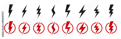 Thunder and bolt lighting flash icon set. Lightning bolt icon in circle. Electric power thunderbolt, fast battery charger symbol, volt, dangerous sign, electricity, warning voltage