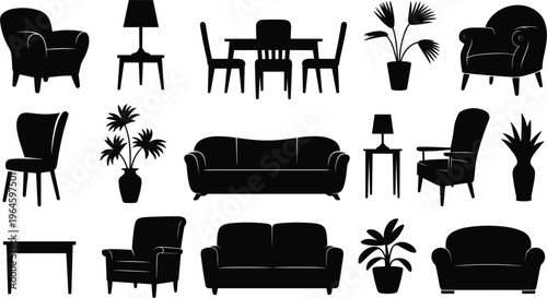 Furniture silhouettes vector set, sofa chairs tables lamps and plants collection interior design