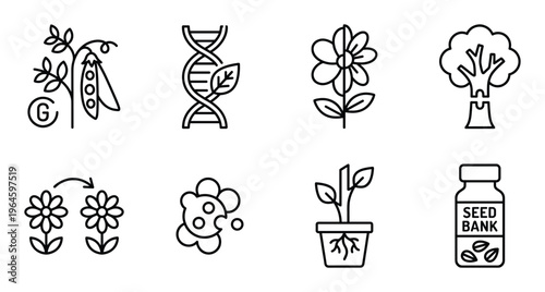 Set of science and biology icons including dna helix plant and seed bank isolated on transparent background