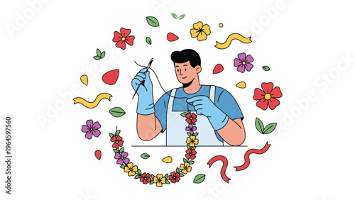 Artisan's Floral Creation: An artisan meticulously crafts a beautiful floral garland, surrounded by a vibrant array of blossoms and ribbons, showcasing the artistry of handmade design.