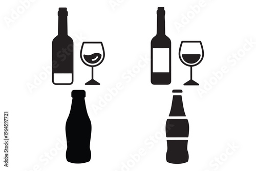 Minimalist beverage bottle and glass icons, black silhouette wine and soda bottle vector set, flat drink symbols for restaurant menus