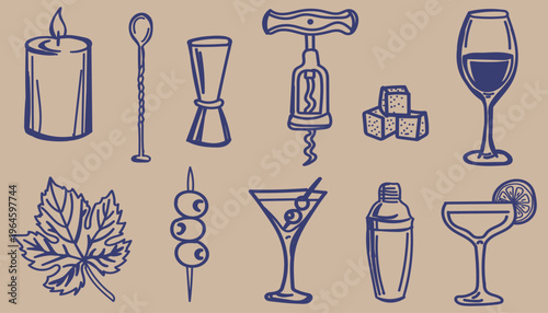 Cocktail Elements Doodle Outline Sketch Vector Illustration