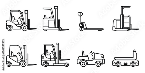 Various types of industrial forklift trucks and material handling equipment outline icons