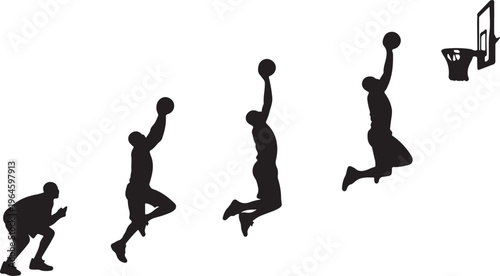 Basketball player silhouette, jumping, throwing, dunking, sports vector icons, athletic motion