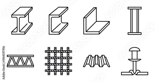 Various steel beam profiles and construction metal shapes line icons