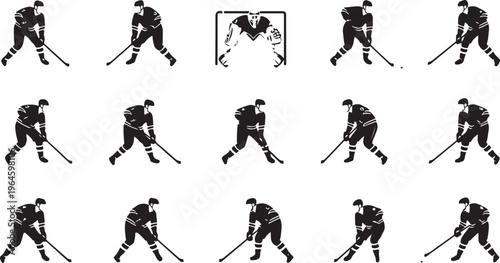 Hockey players, ice hockey icons, black silhouettes, sports graphics, 16 vector illustrations