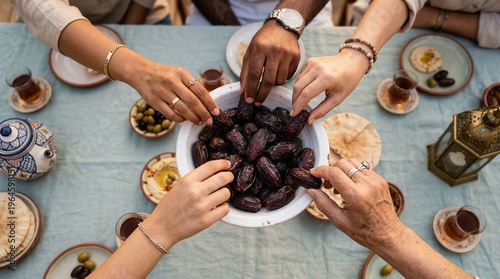 Top view of diverse hands sharing dates around table, cultural meal scene with tea, olives and bread, community and tradition concept