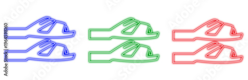 set of colorful neon outline icons representing two pairs of sandals each in blue green and red glowing on a white background a simple graphic for summer footwear and fashion