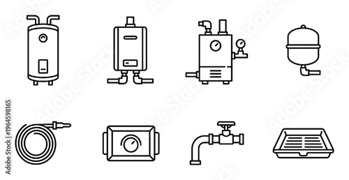 Water heaters and plumbing accessories set line icon vector illustration for home systems