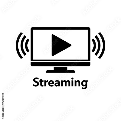 Essential icon for online video and audio streaming services, depicting a computer monitor with a prominent play button, surrounded by active wireless signal waves, symbolizing seamless digital media