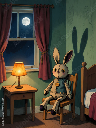 cartoon. A dim children's room at night: a  table with a glowing  lamp, curtains drawn across a window where pale moonlight filters in. On a wooden chair sits an anthropomorphic rabbit generative ai