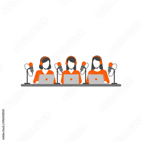 Three women podcasting at table with microphones and laptops.