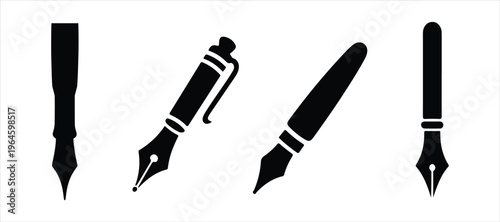 ink pen icon hand drawn illustration on white background, silhouette vector set pen.