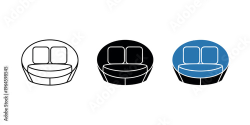 Blue and black line of rounded booth seating with two back cushions line booth in white background