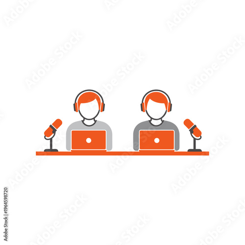 Minimalistic podcast icon featuring two broadcasters with headsets and microphones on desk.