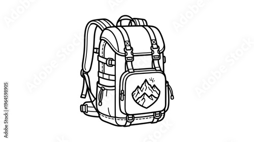 Hiking Backpack with Mountain Emblem, Isolated White Background, Outdoor Adventure Icon